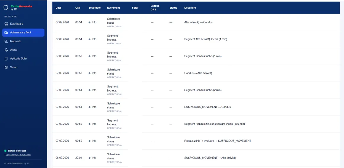 Fleet administration in EvitaAmenda: the driver activity log with status changes and closed segments